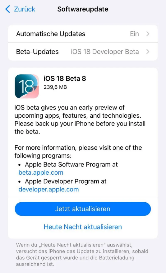 龙湾镇苹果手机维修分享苹果 iOS / iPadOS 18 开发者预览版 Beta 8 发布 